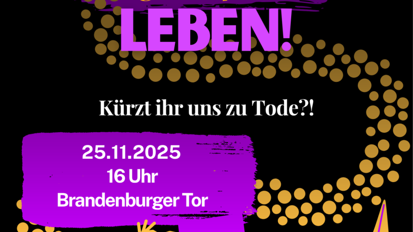 Lasst uns gewaltfrei leben! Auf dem Plakat sind demonstrierende Personen in lila und orange zu sehen.